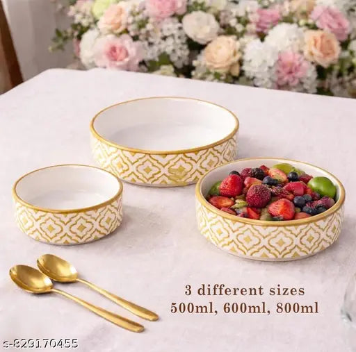 White & Gold Moroccan Print Ceramic Serving Bowls