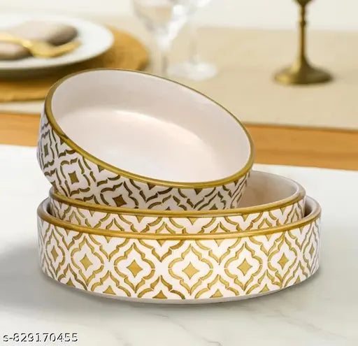 White & Gold Moroccan Print Ceramic Serving Bowls